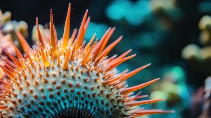 Close-up of a spiky sea creature showcasing vibrant colors and textures.