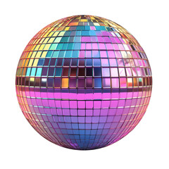 A colorful disco ball with a shiny, reflective surface. The ball is surrounded by a white background