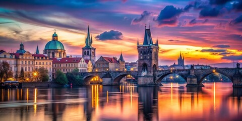 Naklejka premium Prague Charles Bridge Twilight Double Exposure: Malostranska & Judith Towers