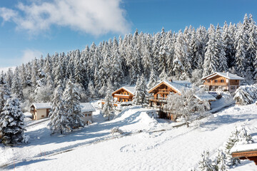 ski resort chalets in the mountains in winter