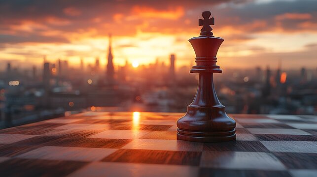 Dramatic chess king piece stands on mahogany chessboard, illuminated by cinematic sun rays against blurred urban cityscape, creating strategic atmosphere with moody shadows and lighting.