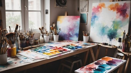 Artist's Studio: Vibrant Watercolor Palette and Abstract Paintings