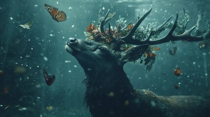 A deer with a crown of leaves on its head is surrounded by leaves and butterflies. The image has a whimsical and playful mood, as the deer is not a typical representation of the animal
