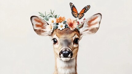 A deer with a flower crown on its head and a butterfly on its ear. The deer is looking at the camera