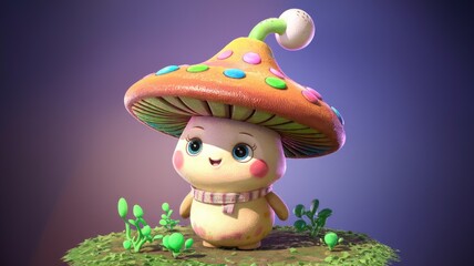 Naklejka premium Adorable 3D-rendered mushroom character with colorful cap, big eyes, and a happy expression.