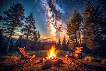 Starry sky, vintage campfire glow, romantic chairs nestled in the forest; a retro photograph.