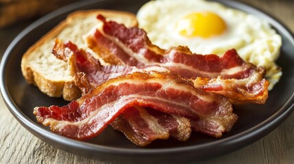 Fototapeta premium A breakfast plate with crispy bacon strips next to scrambled eggs and toast, creating a hearty morning meal on a wooden table.