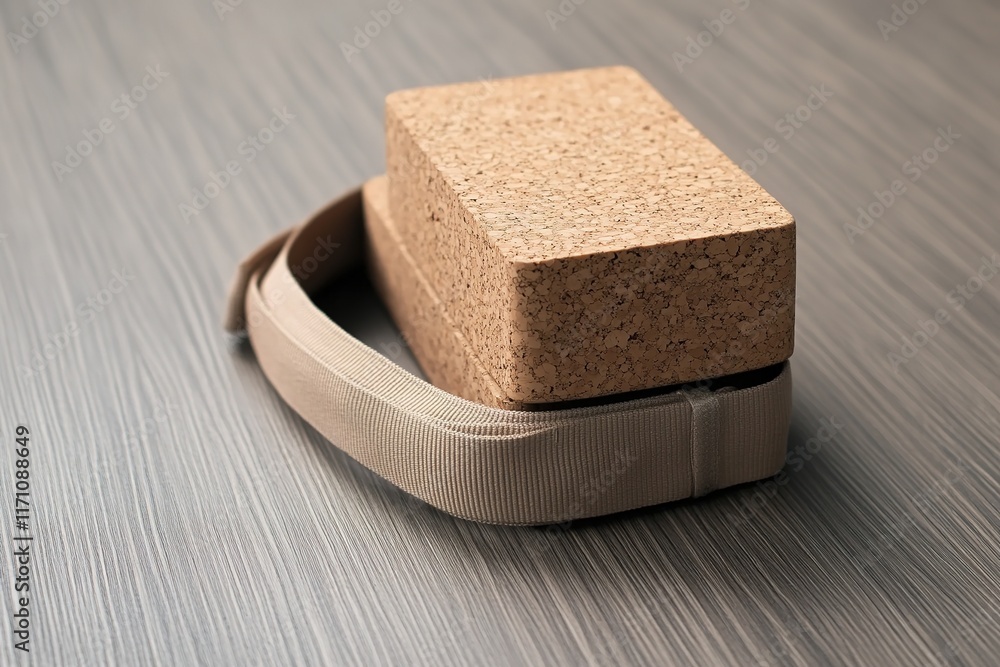 Poster minimalist composition featuring cork block resting on flexible