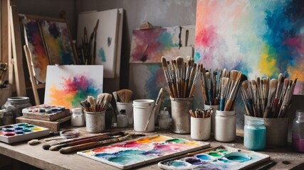 Fototapeta premium Artist's Colorful Studio: Vibrant Paints, Brushes, and Abstract Canvases