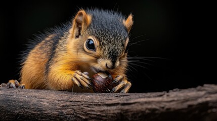 A squirrel is eating a nut on a tree branch. The image has a warm and cozy feeling, as the squirrel is enjoying a simple moment of nourishment in its natural habitat