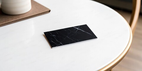 Business card with marble effect in elegant design on white table with copy space
