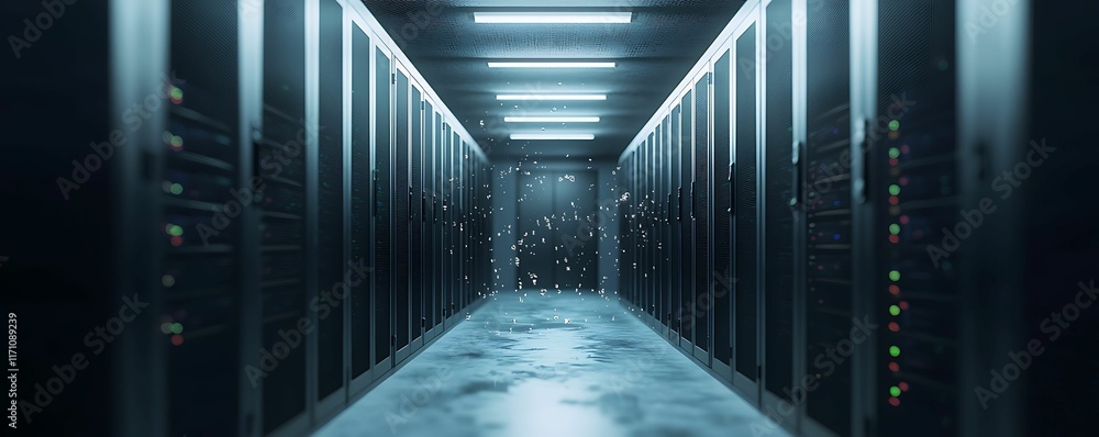 Aufkleber scam business illegal online concept, data center corridor with rows of server racks illuminated by 