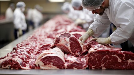 Workers processing large cuts of meat in a processing facility.