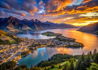 Obraz premium Queenstown New Zealand Dusk Skyline Panoramic View - Breathtaking Lake Wakatipu Sunset Landscape
