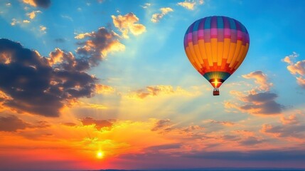 Fototapeta premium A colorful hot air balloon soaring against a vibrant sunset sky.