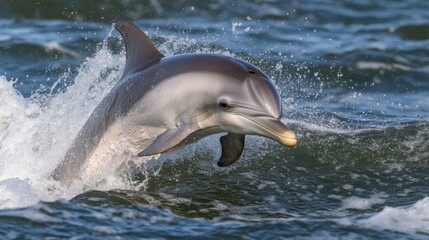 Fototapeta premium A dolphin spinning joyfully in the ocean, surrounded by bubbles and sunlight breaking through the surface.