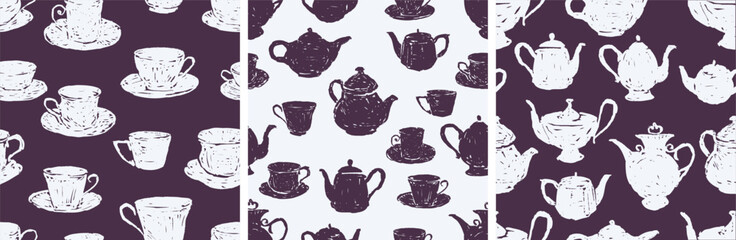 Seamless patterns of hand drawn teacups and teapots silhouettes, background, wallpaper, paper, vector illustration