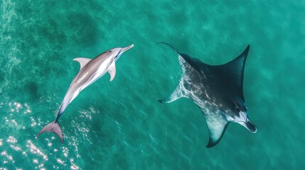 A dolphin swimming alongside a manta ray, captured from above in a vibrant underwater ecosystem.
