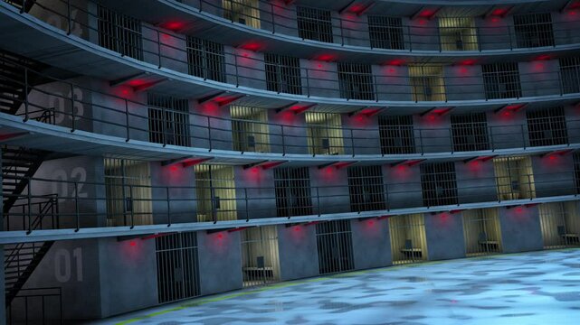 Panopticom prison animation. Camera animation inside round empty prison at daytime. Seamless loop. 3d rendering