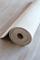 Soft, textured roll of fabric lies elegantly on light wooden sur