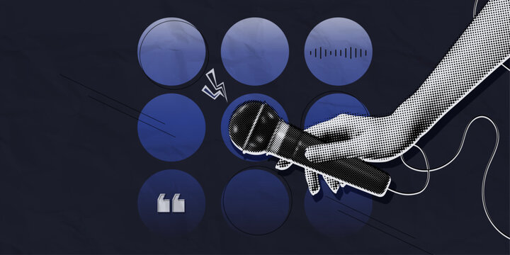 Trendy Halftone Collage Hand holding studio microphone. Talk show and interview. Podcast broadcast and radio news. Karaoke poster. Open mic festival. Contemporary vector illustration art