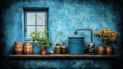 Obraz premium Charming Vintage Shelves with Blue Wall Displaying Plants, Barrels, and Rustic Decor Elements