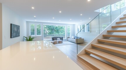 Fototapeta premium A bright and modern basement with an expansive white countertop and a sleek, floating staircase with glass railings. The open layout showcases polished wood floors.