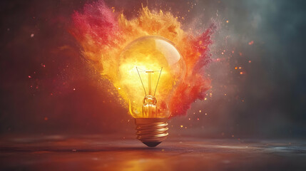 Exploding lightbulb, fiery energy, dark background, creative idea, concept art