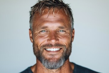 Obraz premium Showcasing a perfect, brilliant smile and white, brilliant teeth, the bearded and handsome man is happy and displays an emotional expression outdoors, with his unshaven face and defocused background