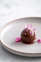 Elegant chocolate dessert garnished with delicate petals, showca