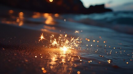 Sparkling firework illuminates nighttime beach scene with ocean waves, featuring starry sky and moonlit seascape, creating magical atmosphere with twinkling sparkles and water reflections.