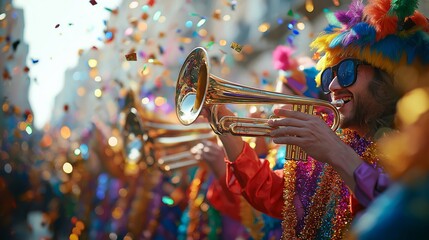 A vibrant Mardi Gras celebration with a diverse crowd in colorful costumes, musicians playing trumpets, and festive decorations under bright sunlight