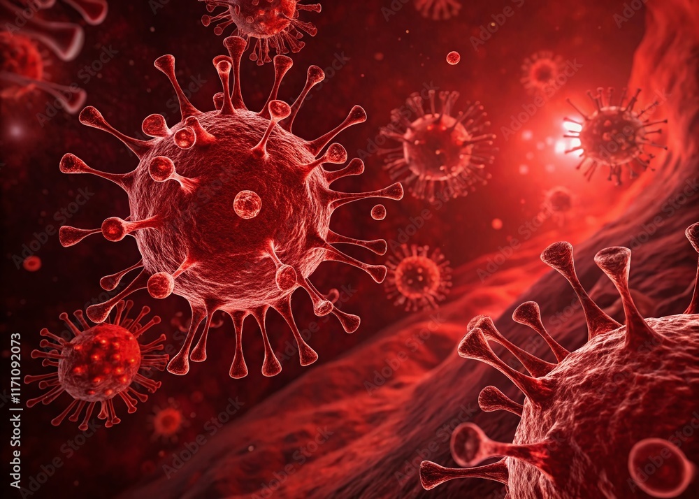 Poster red cellular network attacked by symbolic computer viruses: surreal ai generated stock photo