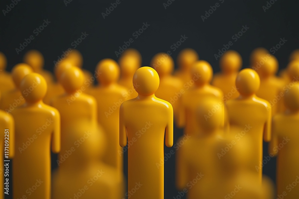 Poster yellow figurines in a crowd, emphasizing unity and community in a minimalist design. scam business d