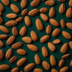 Fototapeta premium A cluster of almonds arranged like petals of a flower on a dark green background.