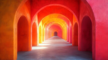 Naklejka premium Colorful arched hallway with vibrant red, orange, and yellow walls.