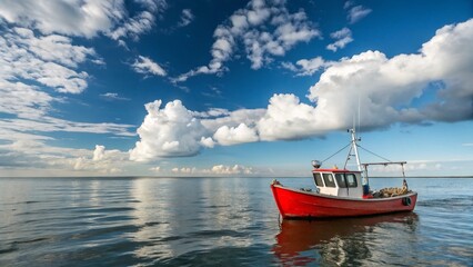 Fototapeta premium Red Fishing Boat on Calm Ocean, Blue Sky, White Clouds - Stock Photo