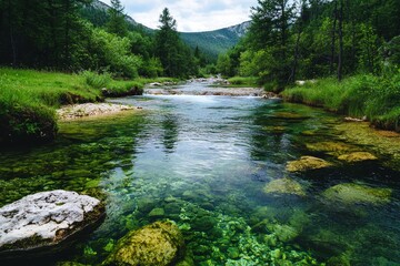 Obraz premium In a moody scenery, the aerial view highlights the river canyon in Abisko national park, Sweden, with its raw wilderness and nature