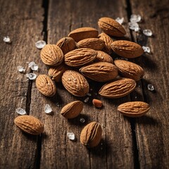 An almond cracked open, its pieces scattered on a rustic wooden table.