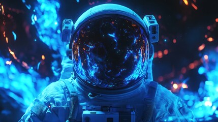 Fototapeta premium Astronaut in a futuristic space suit, surrounded by vibrant blue and orange flames, wearing a helmet reflecting the flames.