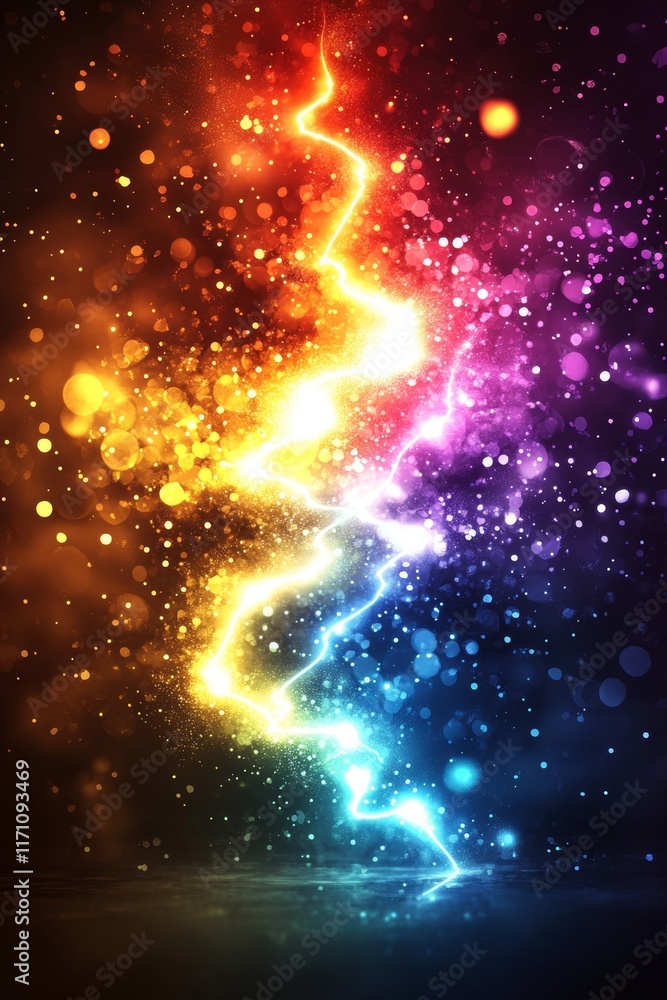 Poster vibrant lightning bolt patterns symbolizing energy creation in cheerful colors and soft focus