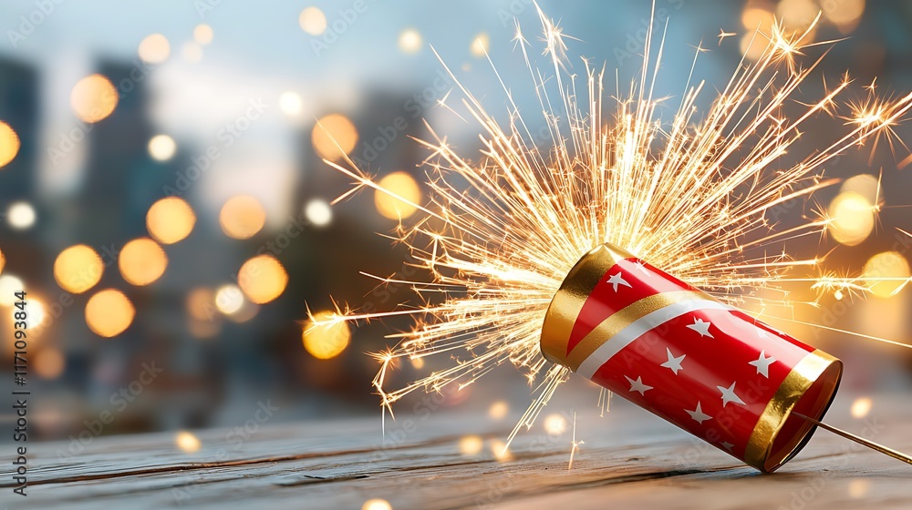 Poster closeup of a vibrant and dynamic explosion of red firecrackers with golden sparks flying and creatin