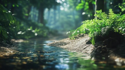 Fototapeta premium Tranquil forest stream flowing through lush greenery. Sunlight filters through trees.