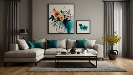 illustration of Modern Living Room Decoration with Vases and Pillows