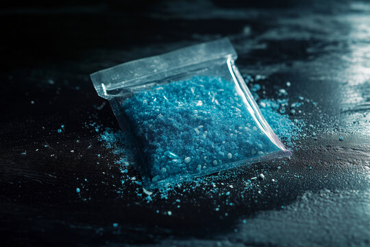 bag filled with blue powder is placed on a wooden table. The blue powder is contained in a plastic bag, and the bag is sitting on the table