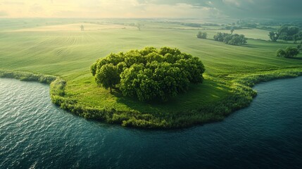 Serene landscape with lush green island and expansive fields under a cloudy sky