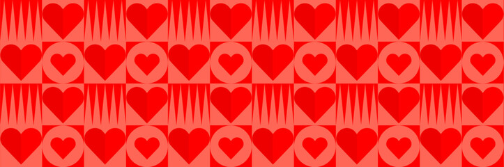 Valentine's day abstract geometric seamless pattern. Mosaic minimalist background, banner, template with simple shapes, hearts.