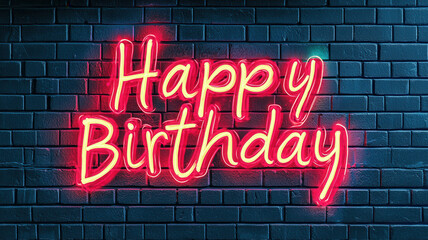 Happy birthday graffiti concept, Happy birthday neon sign on brick wall, vibrant and festive