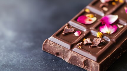 Rich dark chocolate adorned with colorful petals, creating luxur