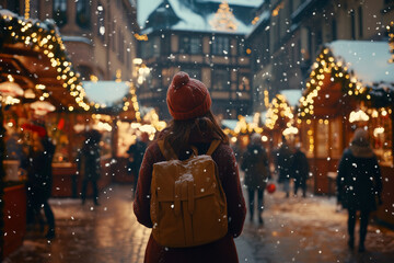 Fototapeta premium woman wearing a red hat and a backpack is walking down a snowy street. The street is decorated with Christmas lights and there are several other people walking around. The scene has a festive